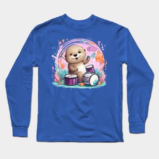 Cute Sea Otter playing drums Long Sleeve T-Shirt